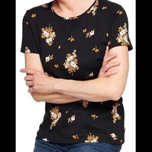 🔴 4/$15 Croft & Barrow Women’s L Black & Orange Floral SS Classic Tee in EUC